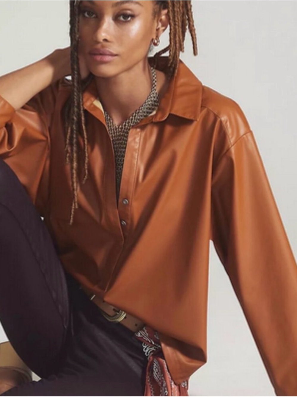 NWT Anthropologie faux leather Oversized shirt in cedar brown SIZE S